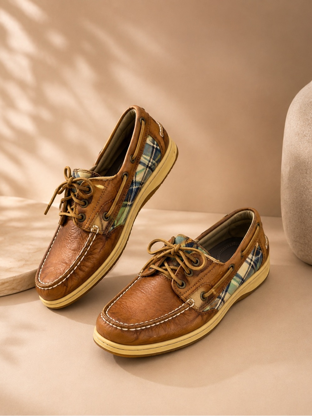 Sperry Brown Leather Plaid Boat Shoes Women’s 7M Preppy Coastal Moc Toe